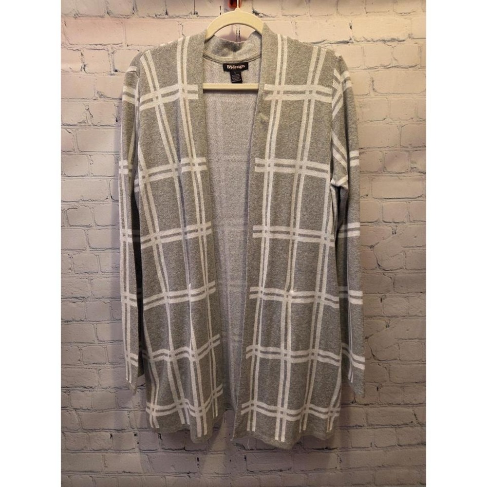 BY design cardigan Womens Large Heathered Gray‎ and White Block Pattern NWT